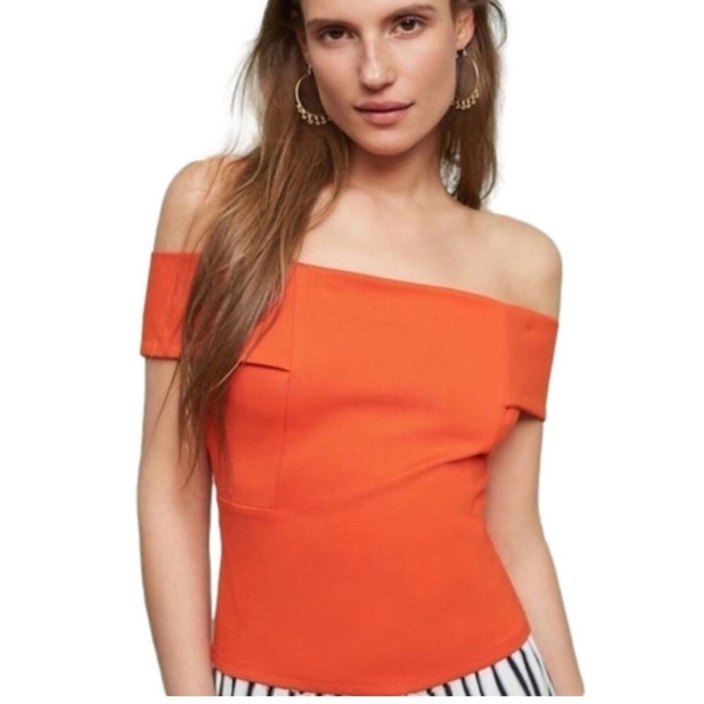 Anthropologie NWT Deletta Orange  Asymmetrical Fitted Blouse On Off Shoulders M